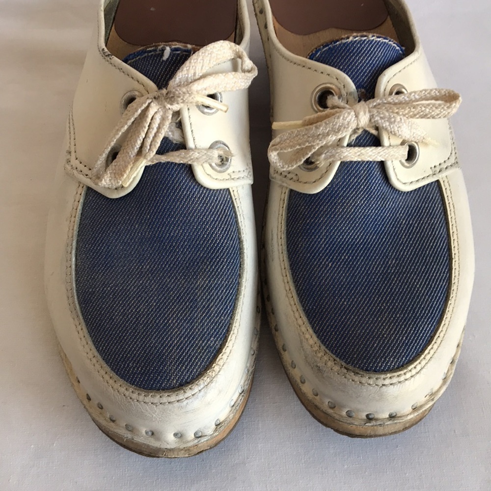 Vintage cream and denim wood-based clogs, size 6.5 - Picture 2 of 7